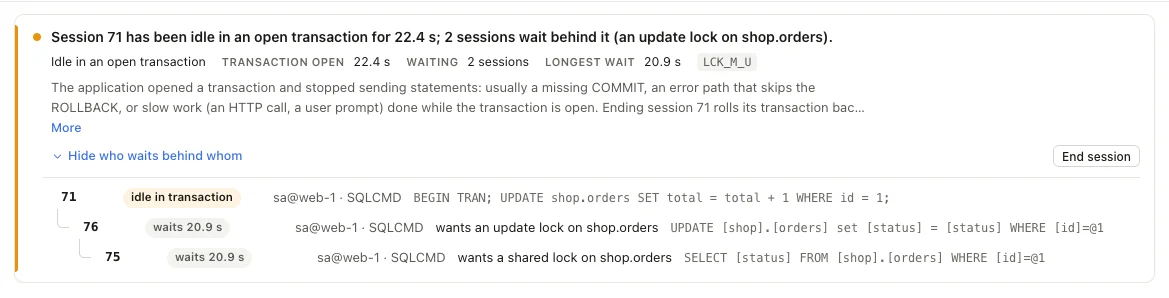 A blocking tree: session 71 has been idle in an open transaction for 22 seconds and two sessions wait behind it